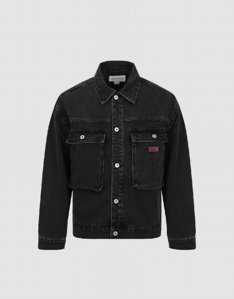 Black Urban Revivo Button Up Men\'s Denim Jackets | KUANMS-502