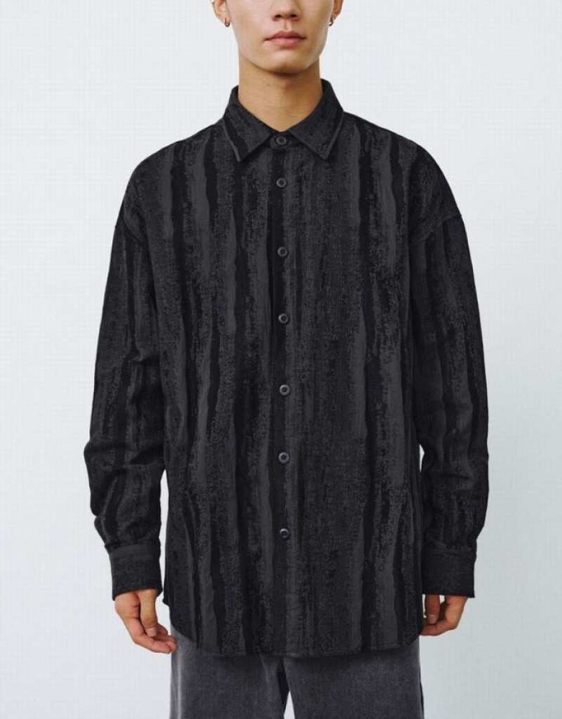 Black Urban Revivo Button Up Printed Loose Men's Shirts | YZJHWN-618