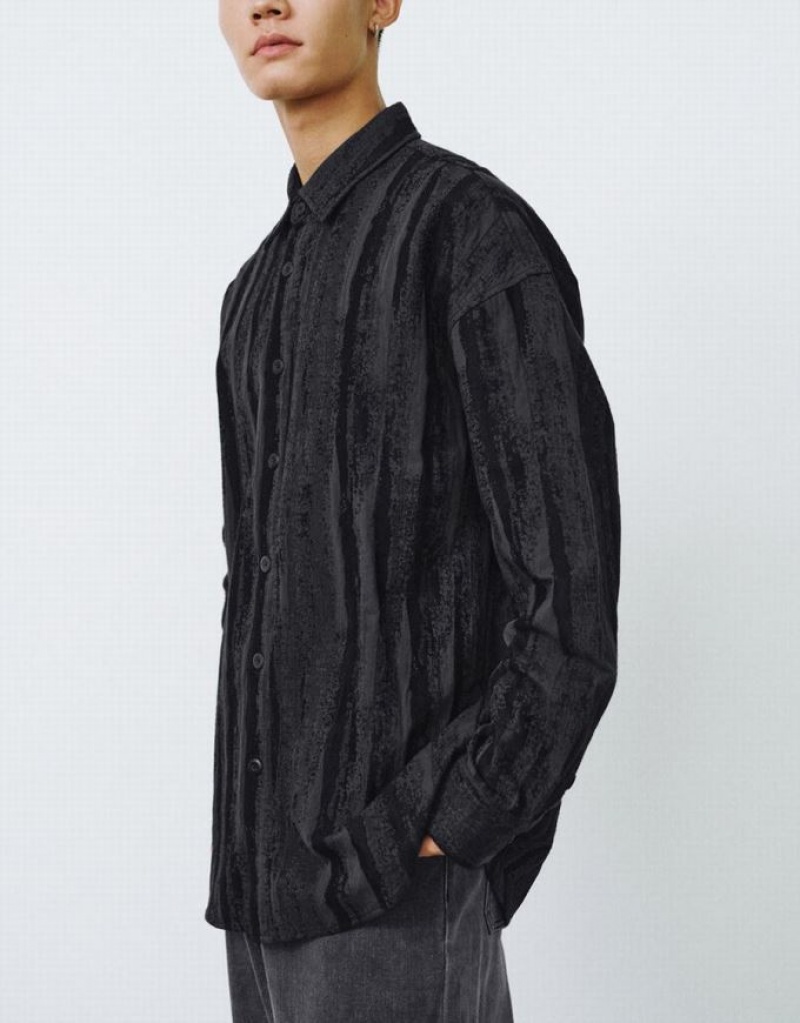 Black Urban Revivo Button Up Printed Loose Men's Shirts | YZJHWN-618