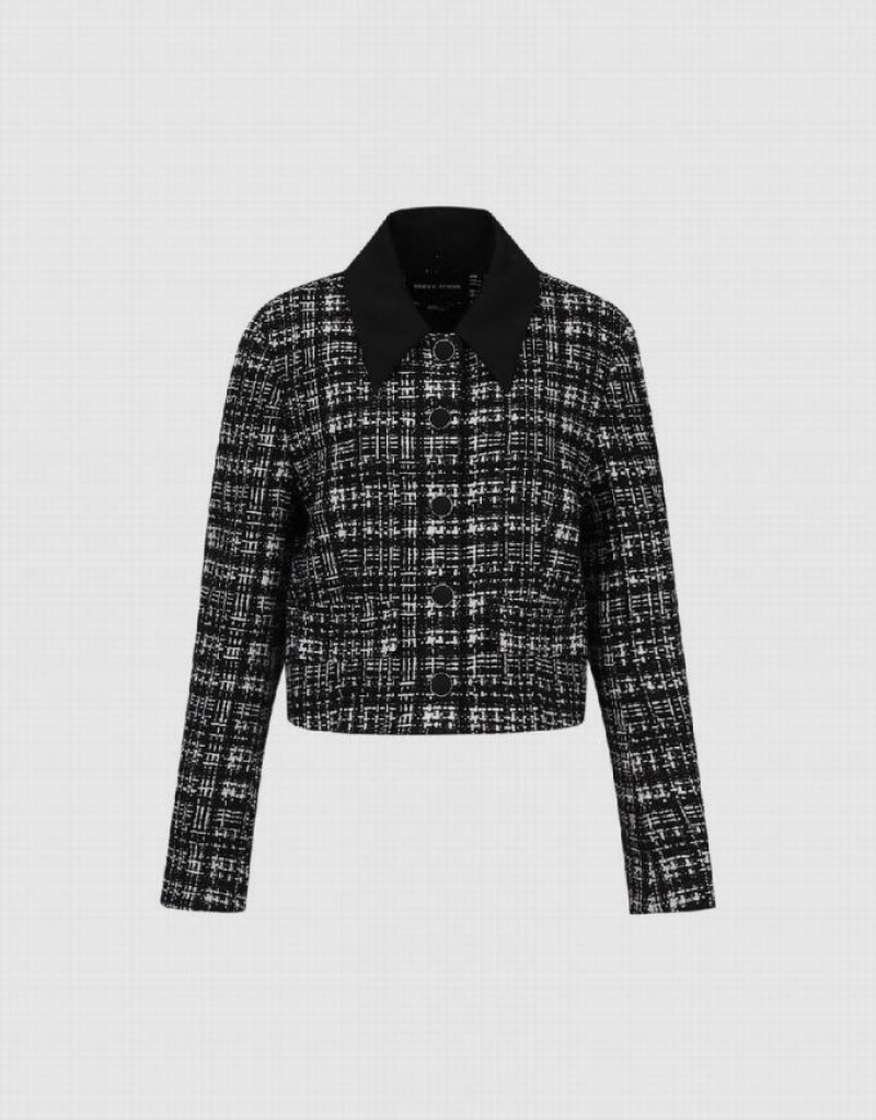 Black Urban Revivo Button Up Tweed Women's Jacket | XUPGVO-785