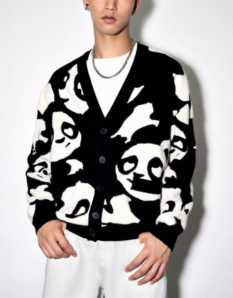 Black Urban Revivo Cartoon Knitted Men's Cardigan | PMERTU-657