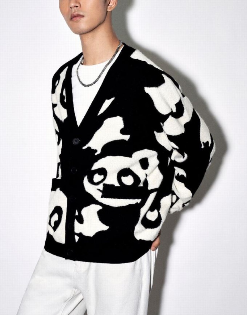 Black Urban Revivo Cartoon Knitted Men's Cardigan | PMERTU-657