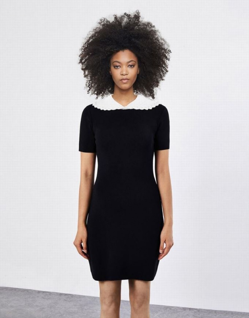 Black Urban Revivo Contrast Collar Women's Knitted Dress | XYWIDQ-573