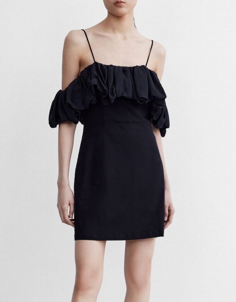 Black Urban Revivo Contrast Ruffle Mini Women's Mini Dress | WZFRNH-416