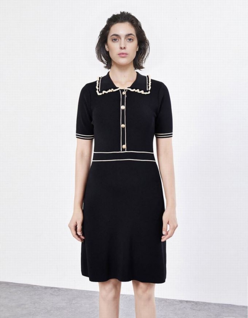 Black Urban Revivo Contrast Trim Half Button Women\'s Knitted Dress | MLNUHX-964