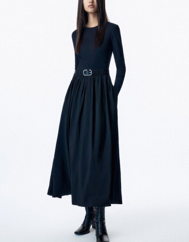 Black Urban Revivo Crew Neck A-Line With Belt Women's Dress | MRCYAK-023