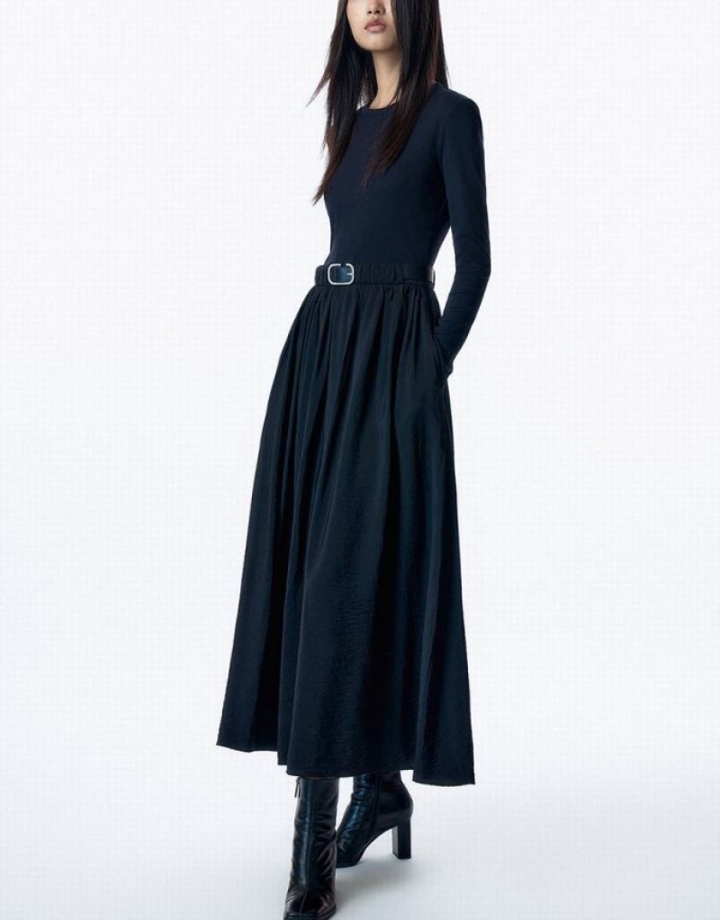 Black Urban Revivo Crew Neck A-Line With Belt Women's Dress | MRCYAK-023