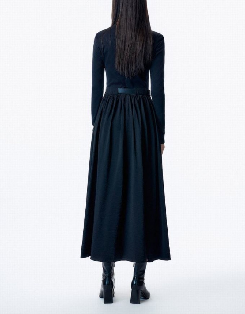 Black Urban Revivo Crew Neck A-Line With Belt Women's Dress | MRCYAK-023