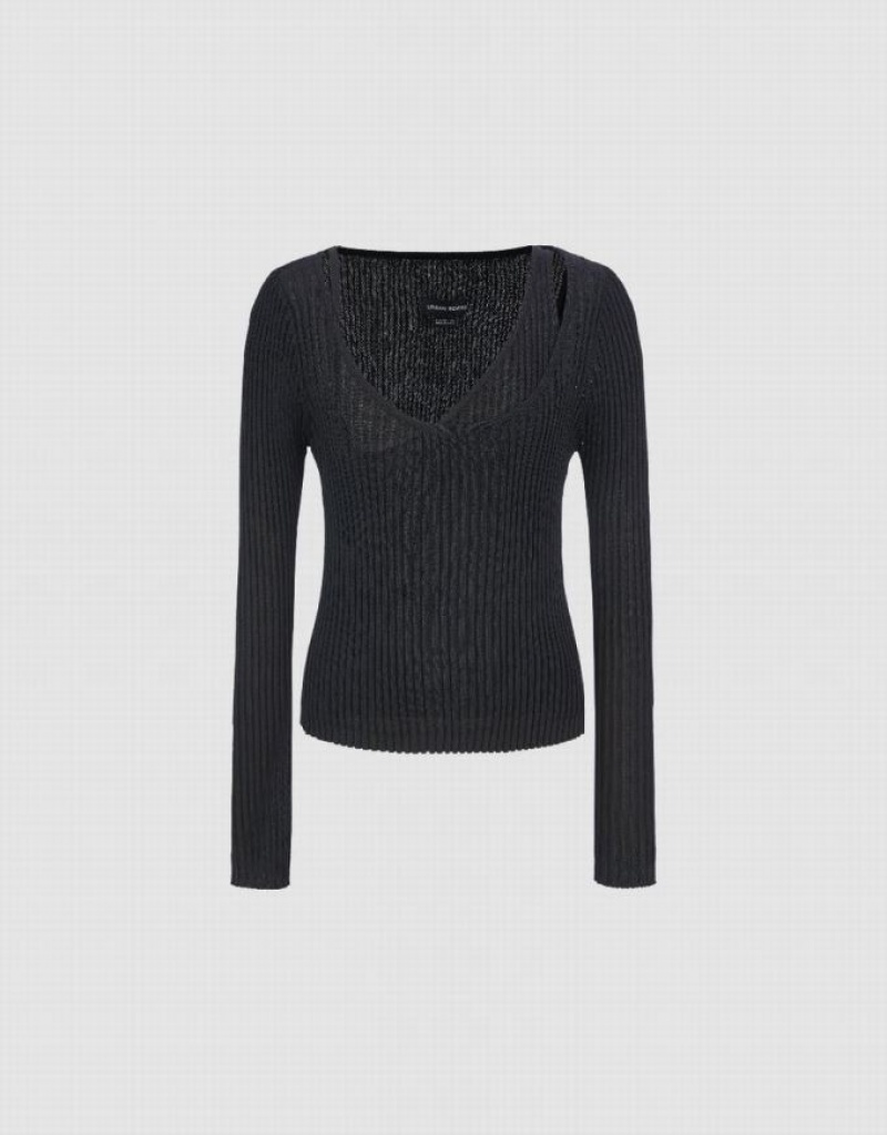 Black Urban Revivo Crew Neck Knitted Women's Cardigan | YHRAZX-487