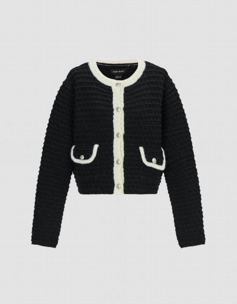 Black Urban Revivo Crew Neck Knitted Women's Cardigan | ZXQGOH-904