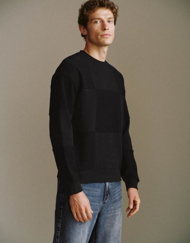 Black Urban Revivo Crew Neck Men's Sweatshirts | IGMABY-207