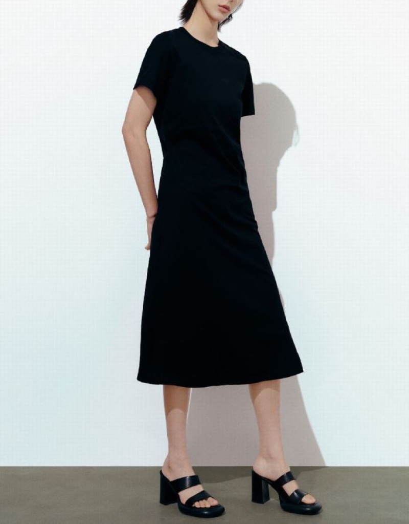 Black Urban Revivo Crew Neck Straight Women's Dress | ZIRNDX-724