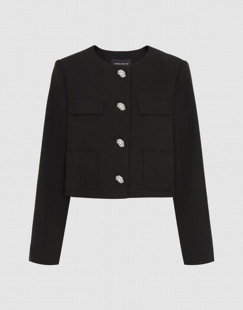 Black Urban Revivo Crew Neck Straight Women's Jacket | YNAOUP-047