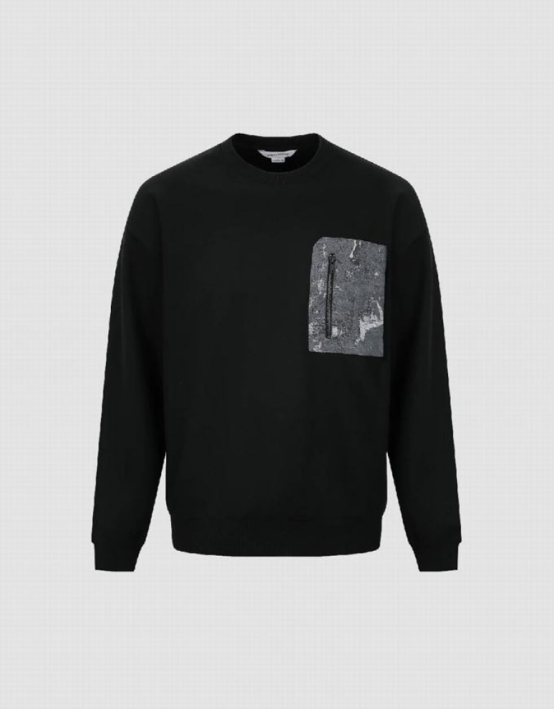 Black Urban Revivo Crew Neck With Zipped Pocket Men's Sweatshirts | NSBDZK-168