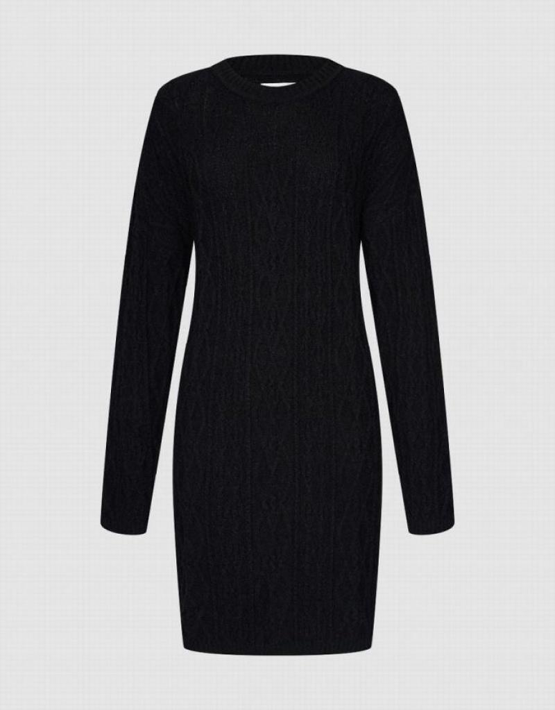 Black Urban Revivo Crew Neck Women's Knitted Dress | DTREFH-972