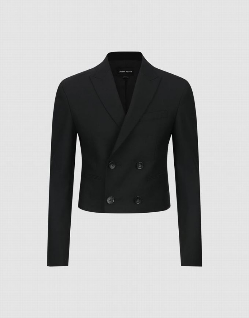 Black Urban Revivo Cropped Peak Lapel Men's Blazers | KQYBNA-068