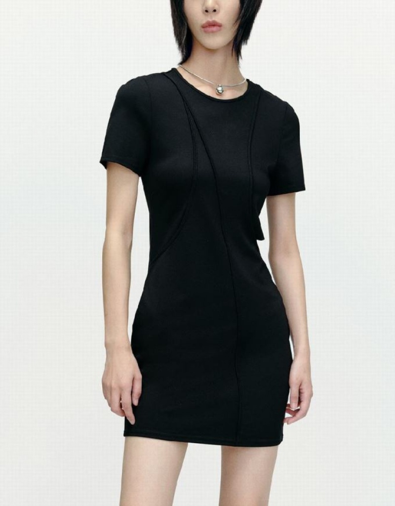 Black Urban Revivo Cut-Out Crew Neck Skinny Women's Dress | AOJIZV-945