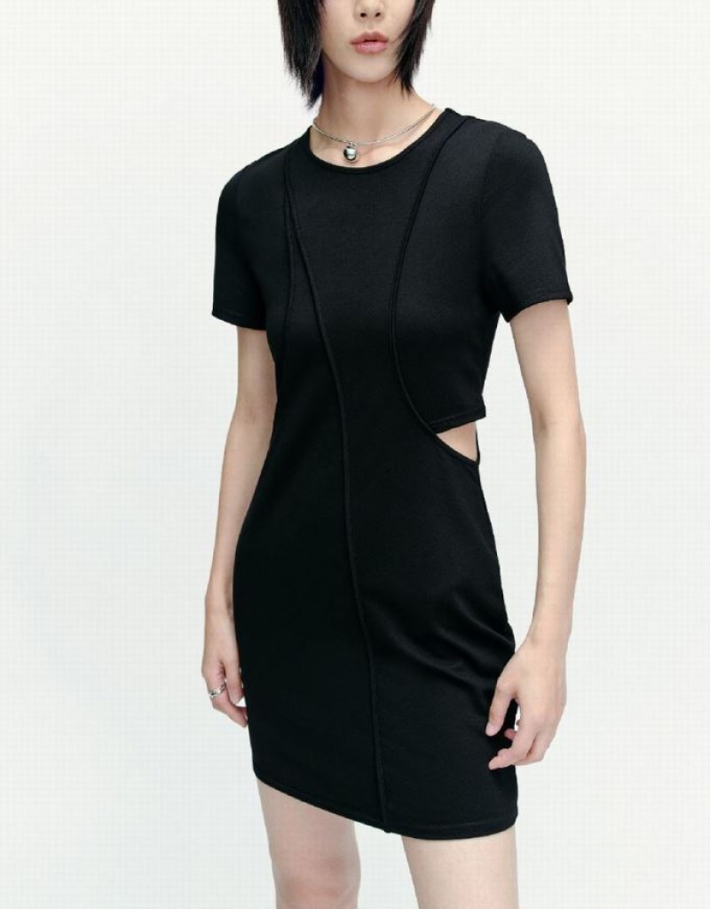 Black Urban Revivo Cut-Out Crew Neck Skinny Women's Dress | AOJIZV-945