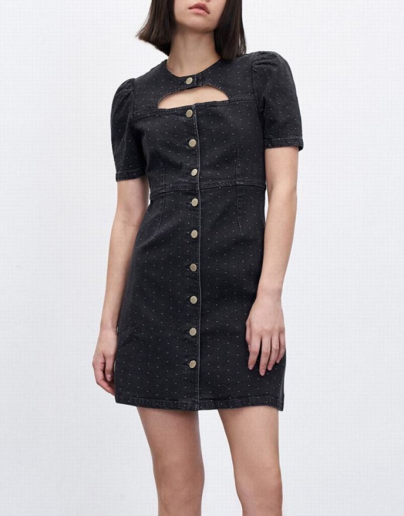 Black Urban Revivo Cut Out Polka Dot Button Front Women's Denim Dress | POIXHS-187