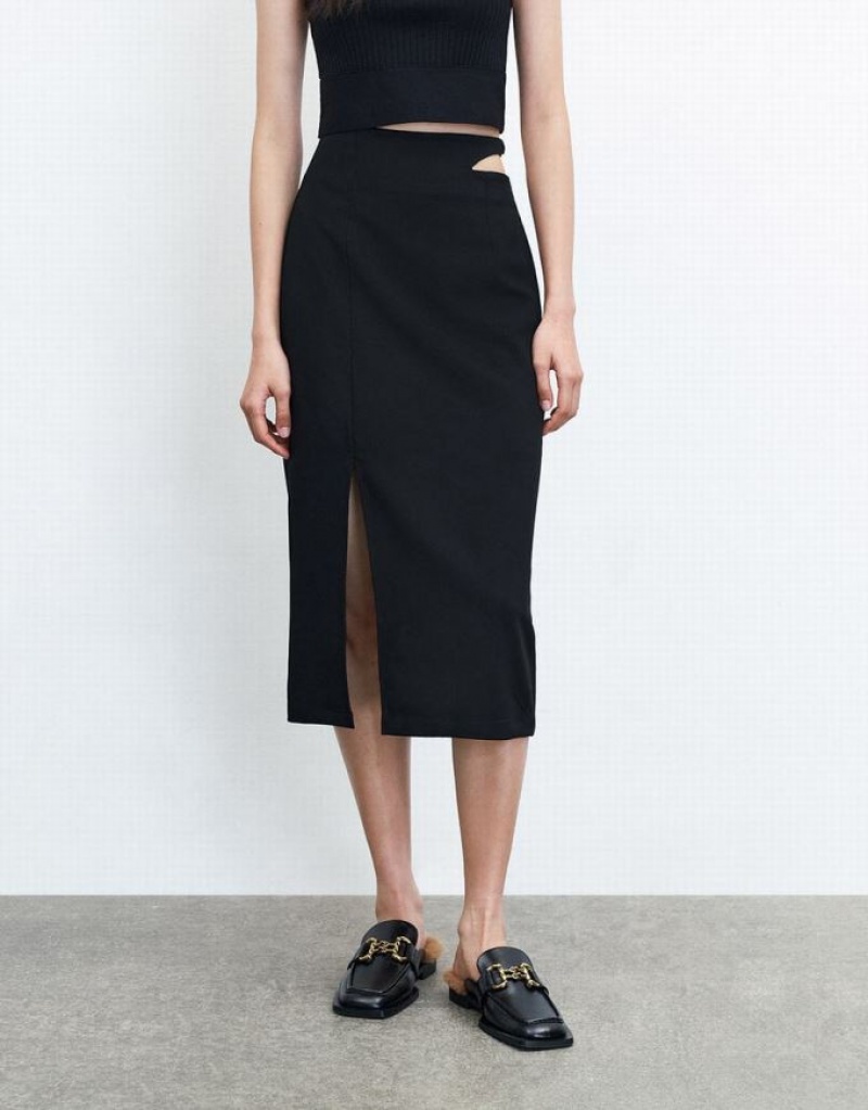 Black Urban Revivo Cut Out Split Hem Women's Skirts | BAFVGZ-782