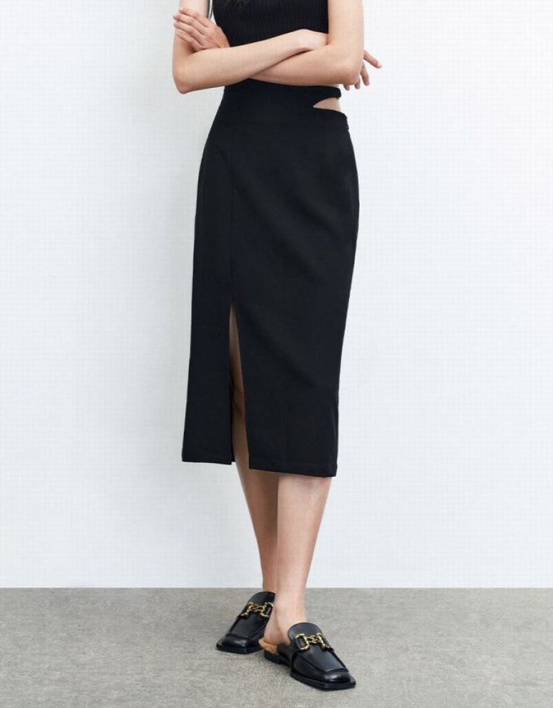 Black Urban Revivo Cut Out Split Hem Women's Skirts | BAFVGZ-782