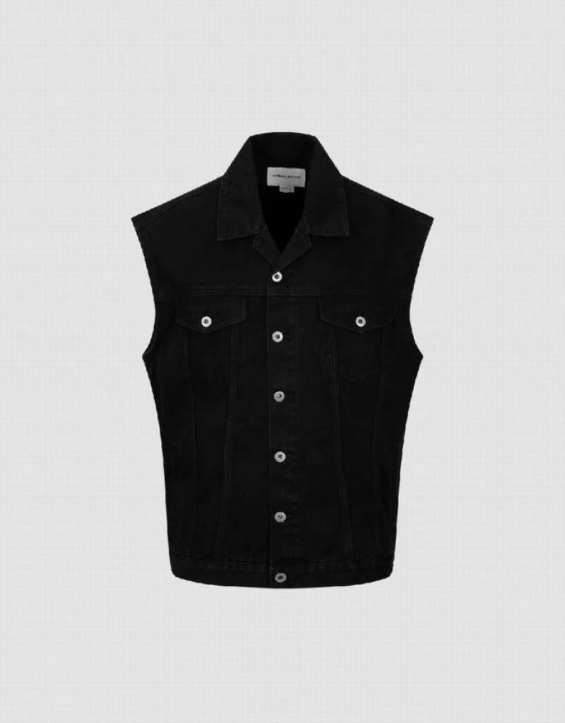 Black Urban Revivo Denim Waistcoat Men's Denim Jackets | KFDWPO-218