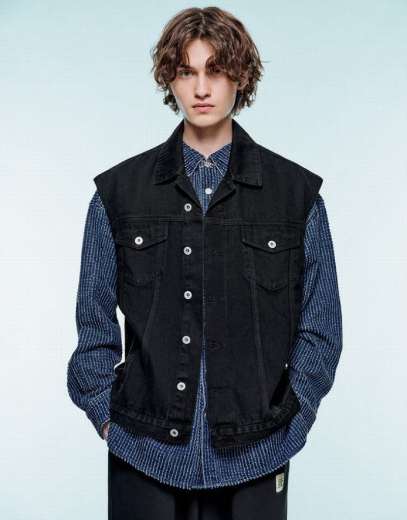 Black Urban Revivo Denim Waistcoat Men\'s Denim Jackets | KFDWPO-218