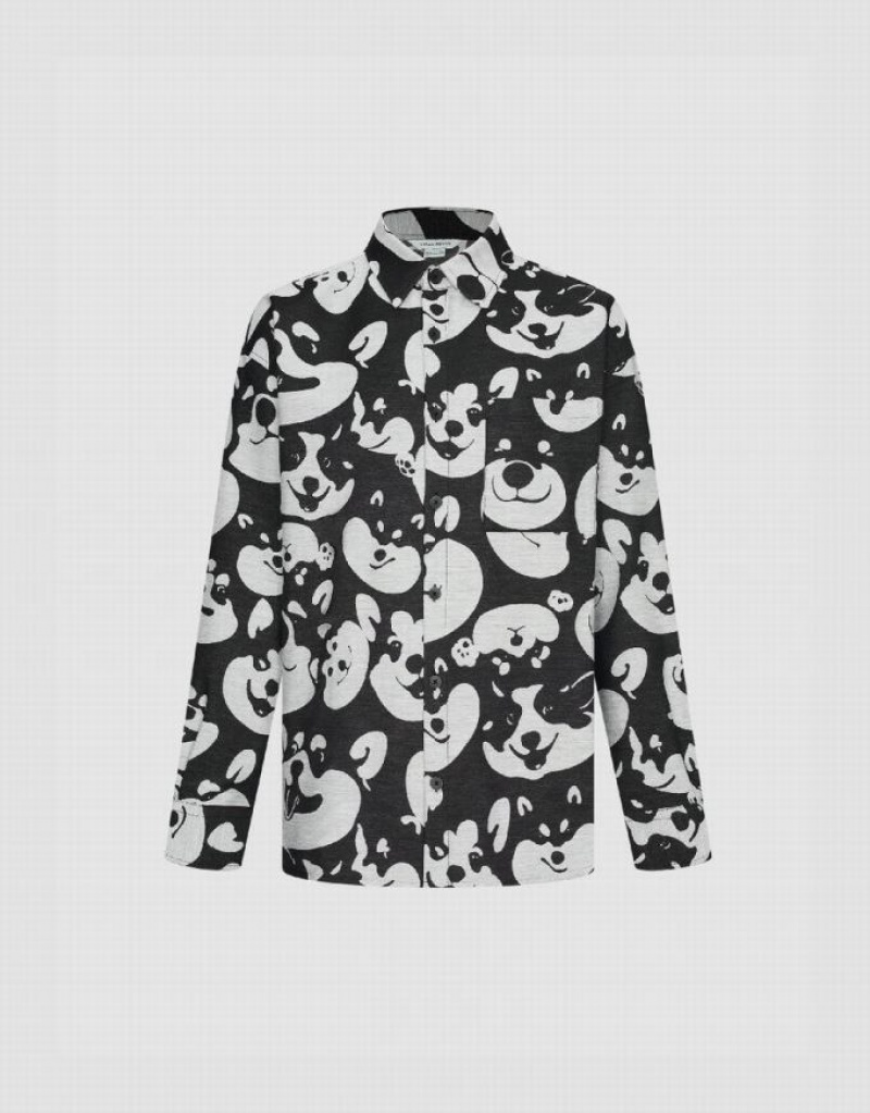 Black Urban Revivo Dog Printed Oversized Men's Shirts | ZIQNTR-685