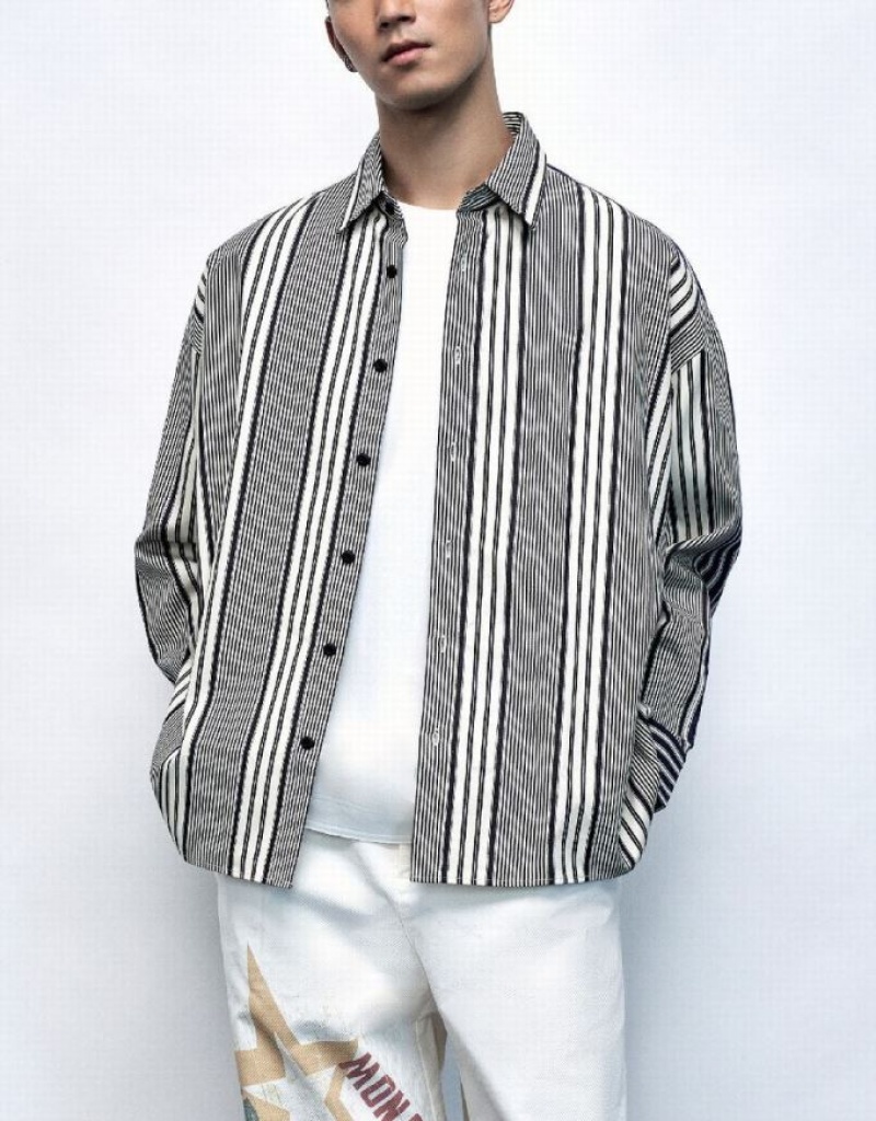 Black Urban Revivo Dolman Sleeve Striped Loose Men's Shirts | RXLIJP-360