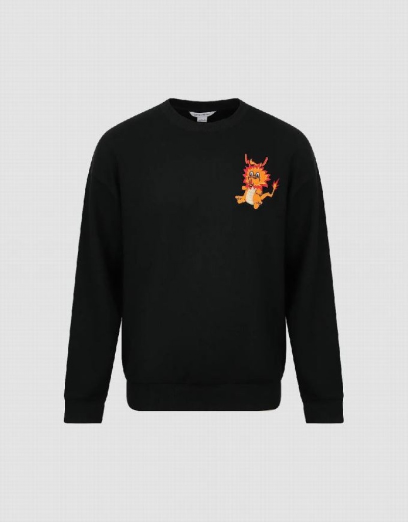 Black Urban Revivo Dragon Embossed Crew Neck Men's Sweatshirts | KJZOHS-613