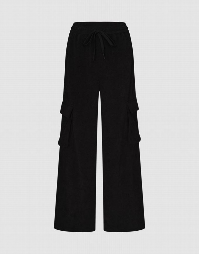 Black Urban Revivo Drawstring Waist Knitted Straight Women\'s Pants | CMKZJQ-695