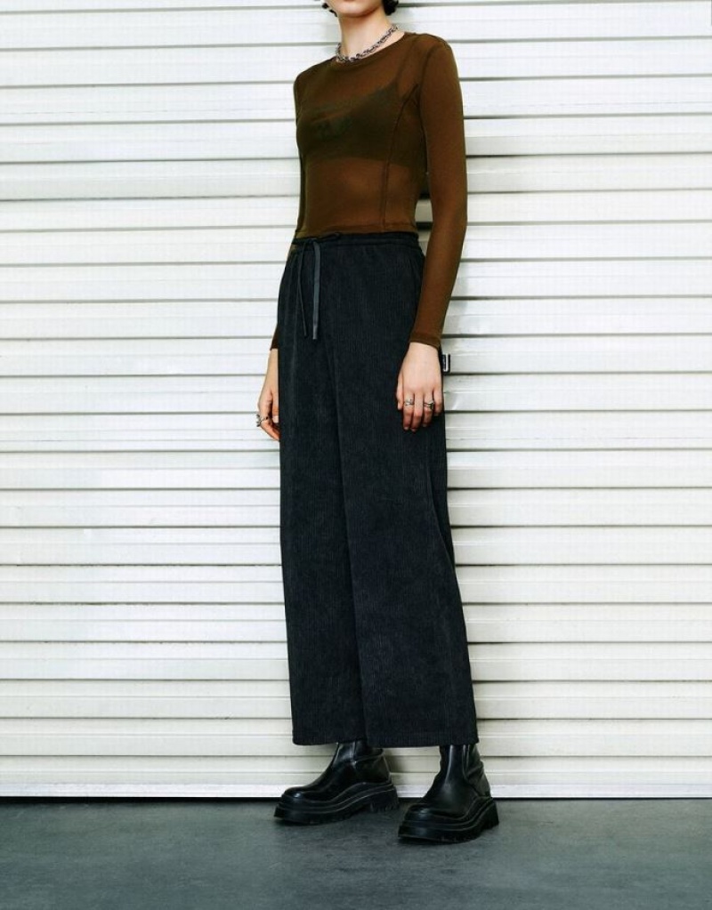 Black Urban Revivo Drawstring Waist Knitted Wide-Leg Women's Pants | ZNFTKI-784