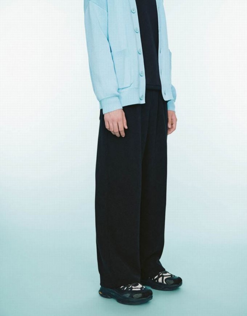 Black Urban Revivo Drawstring Waist Knitted Wide-Leg Men's Pants | IJTAHM-085