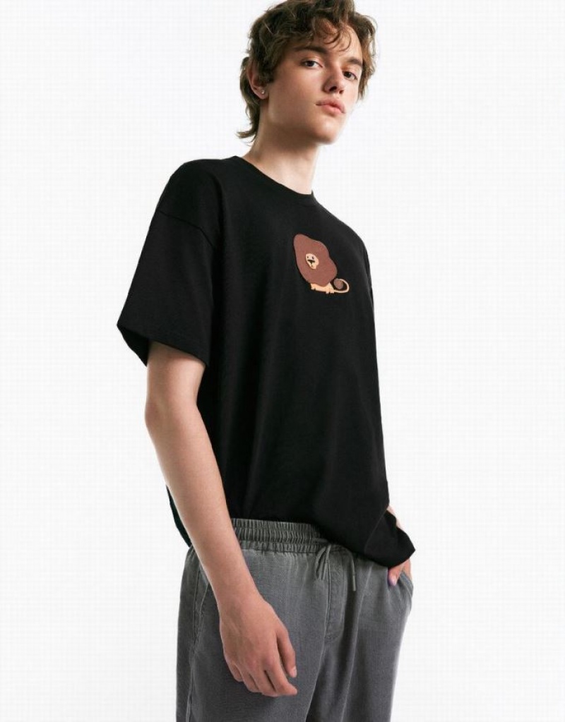 Black Urban Revivo Drop Shoulder Sleeve Crew Neck Men's T-Shirts | ADMOGK-392