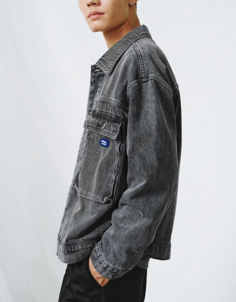 Black Urban Revivo Drop Shoulder Sleeve Men's Denim Jackets | WSJOET-091