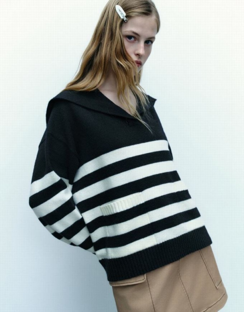 Black Urban Revivo Drop Shoulder Sleeve Striped Knitted Women's Cardigan | PWLNXO-941