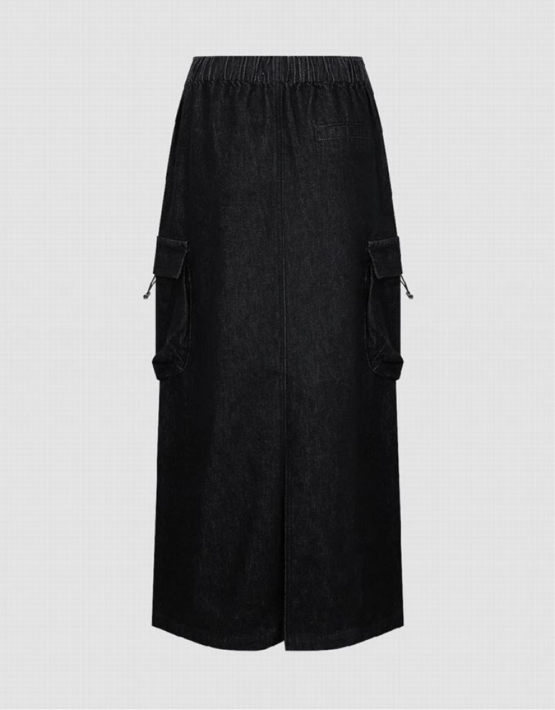 Black Urban Revivo Elastic Waist Straight Women's Denim Skirt | PSXVNA-643