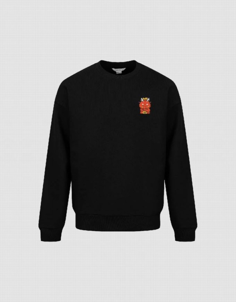 Black Urban Revivo Embossed Crew Neck Men's Sweatshirts | XCNWIE-061