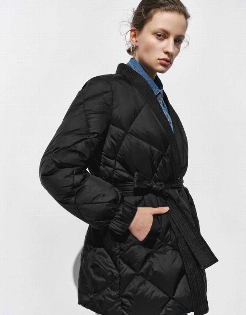 Black Urban Revivo Embossed V-Neck With Belt Women's Down Jackets | BQSCED-890