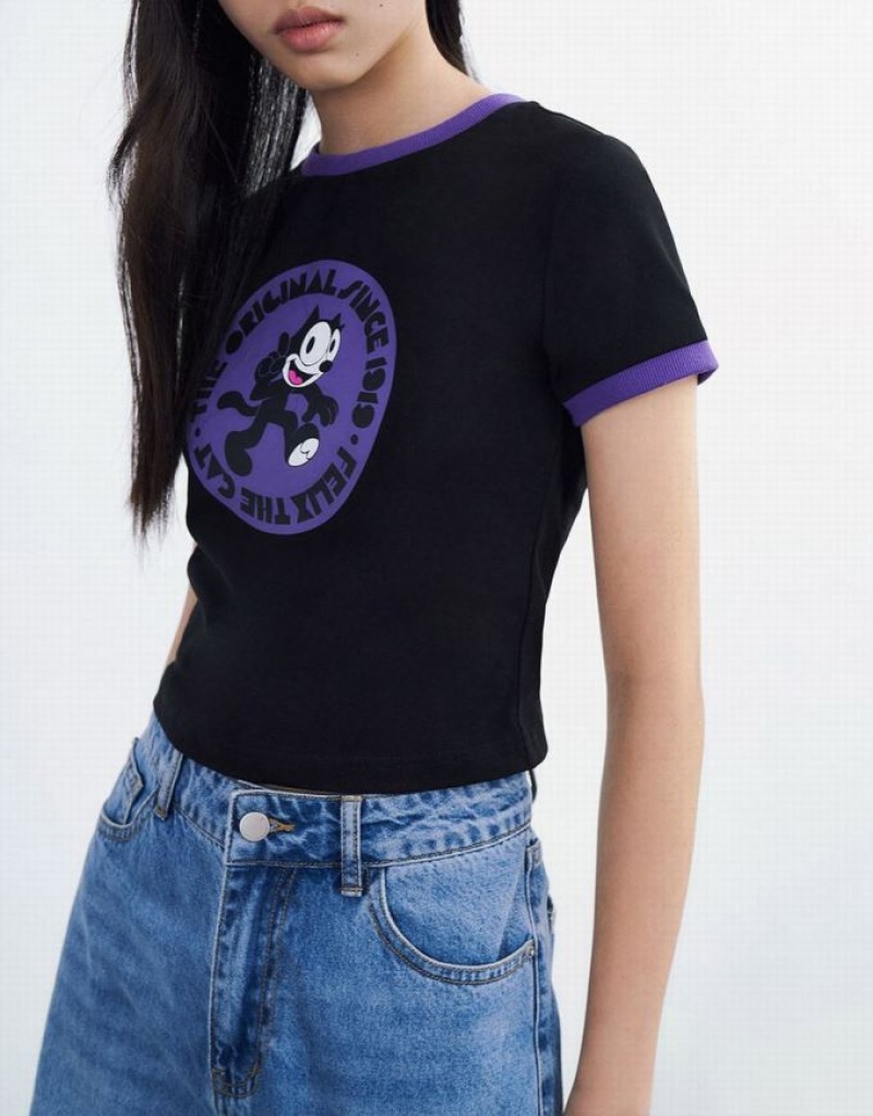 Black Urban Revivo Felix The Cat Women's T-Shirts | ATXFPL-295