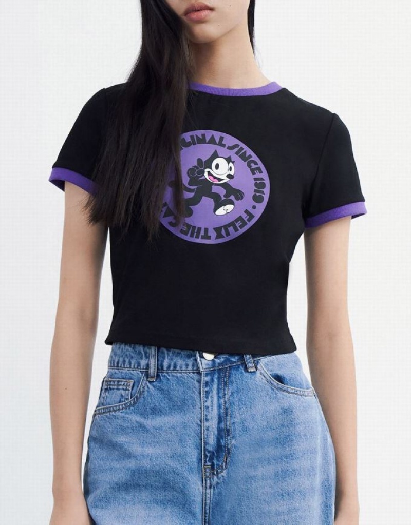 Black Urban Revivo Felix The Cat Women's T-Shirts | ATXFPL-295