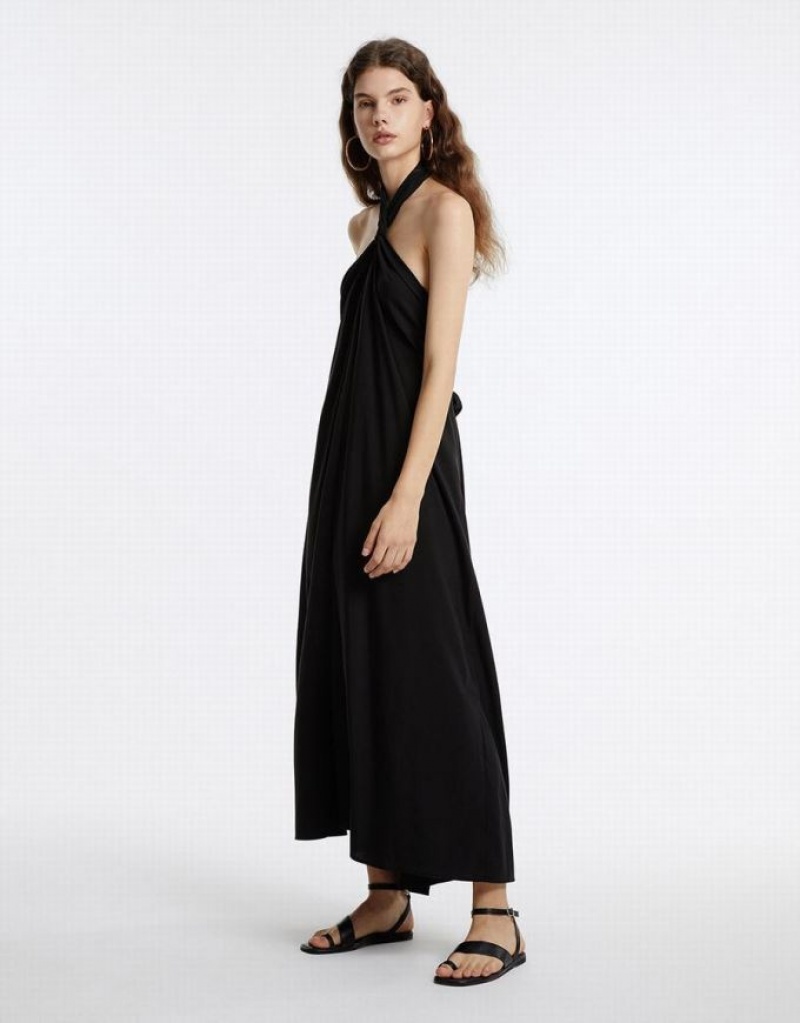 Black Urban Revivo Flowy Halter Women's Casual Dress | VLHDGI-590