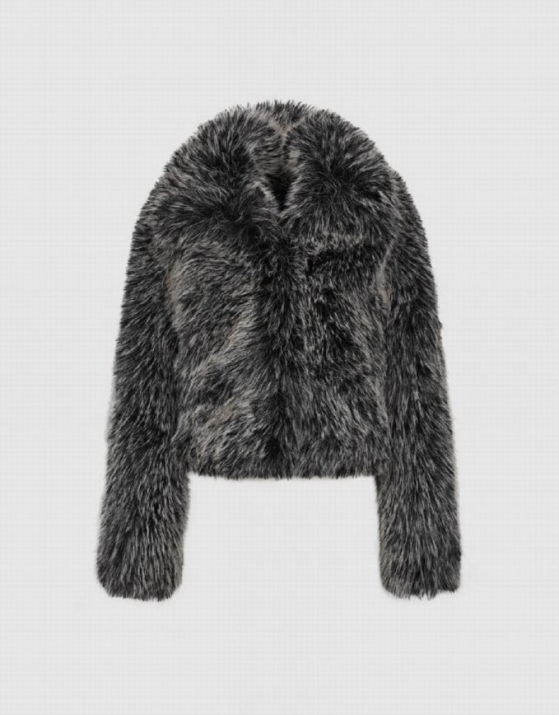 Black Urban Revivo Fluffy Straight Women's Coats | NKMBSC-078