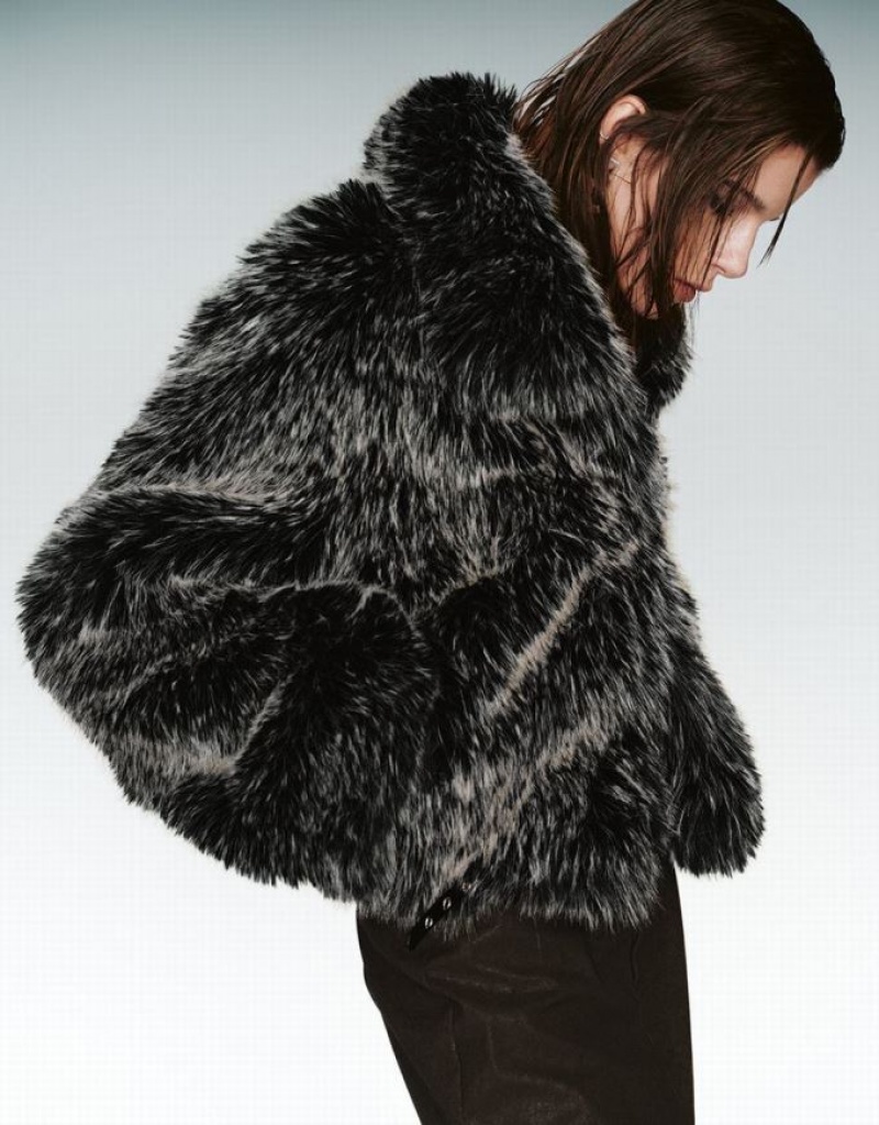 Black Urban Revivo Fluffy Straight Women's Coats | NKMBSC-078