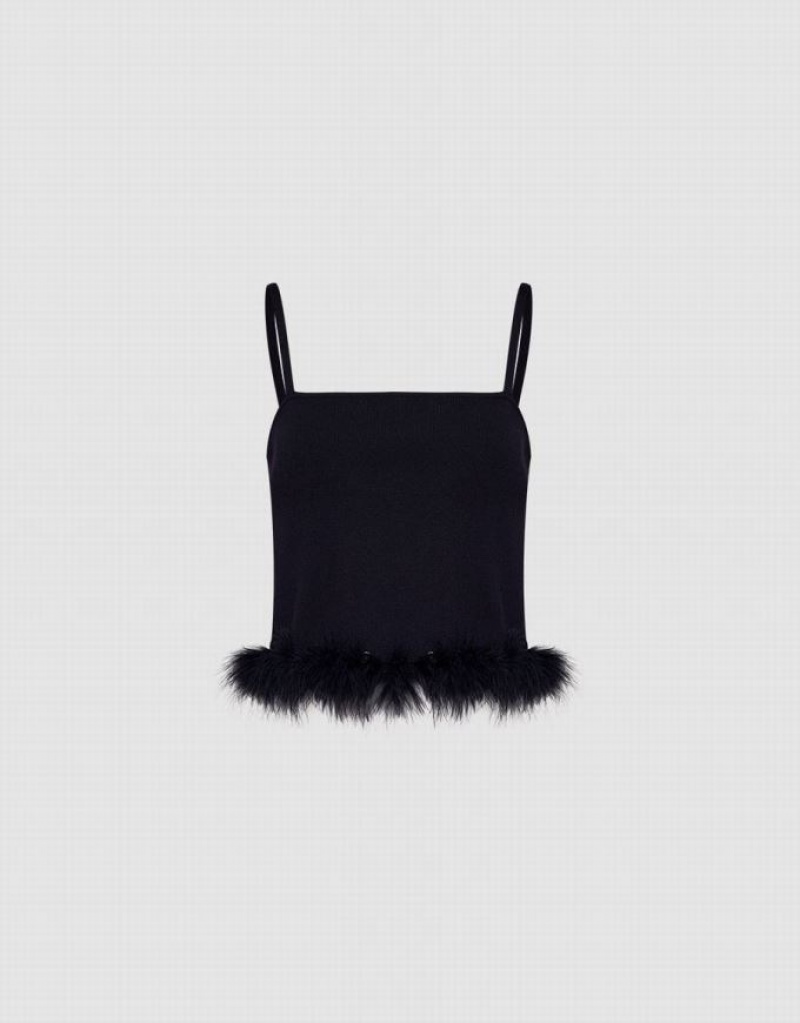 Black Urban Revivo Fluffy Trim Knitted Women's Camisole | KNDQEV-285