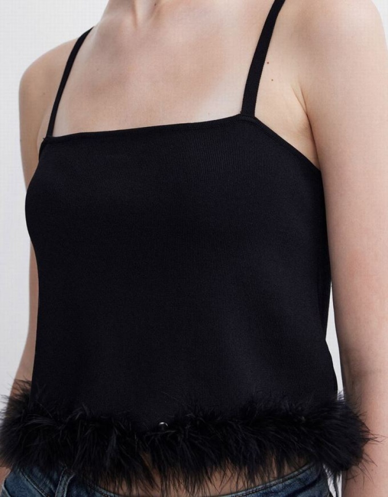 Black Urban Revivo Fluffy Trim Knitted Women's Camisole | KNDQEV-285