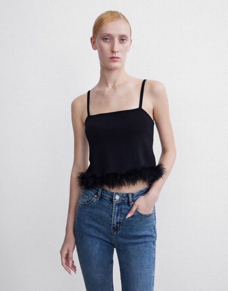 Black Urban Revivo Fluffy Trim Knitted Women\'s Camisole | KNDQEV-285