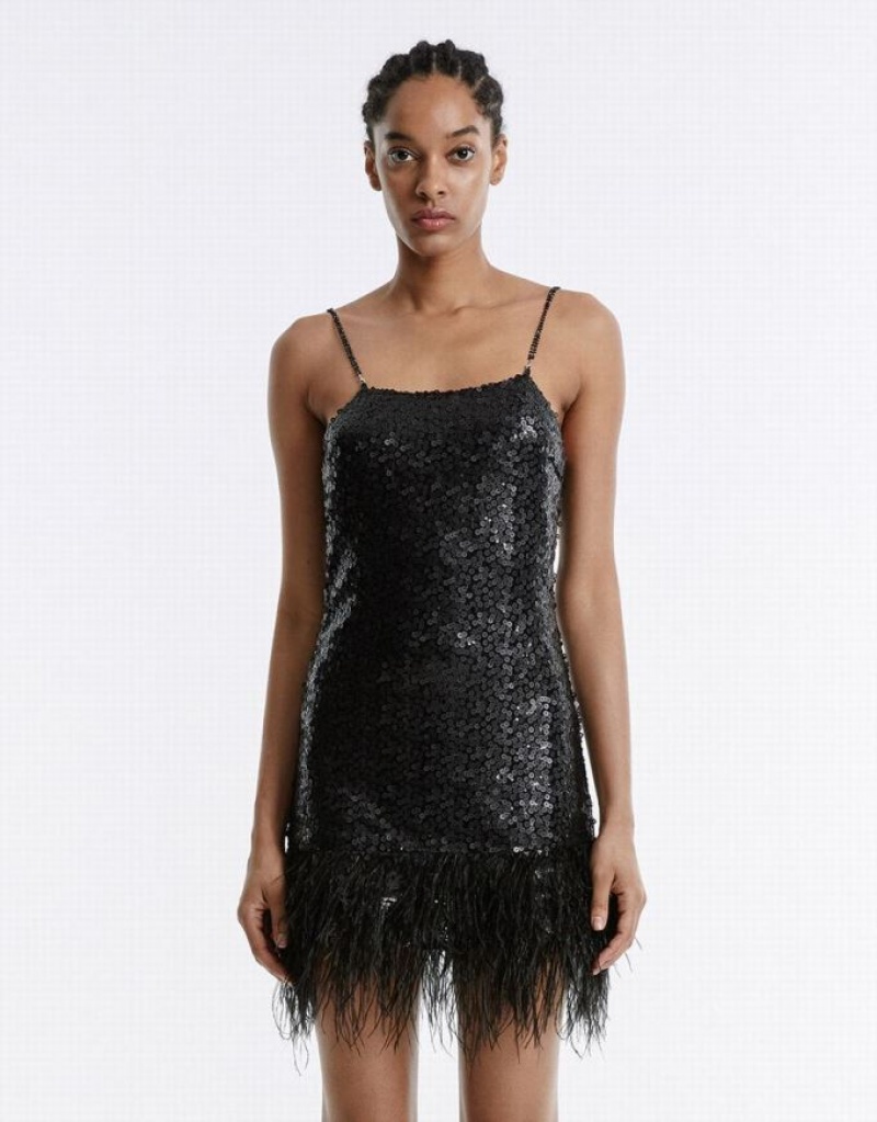 Black Urban Revivo Frayed Hem Strappy With Sequins Women's Short Dress | VKSOYX-984