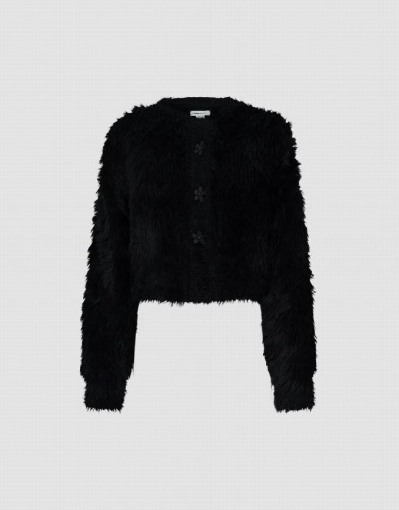 Black Urban Revivo Furry Knitted With Flower Buttons Women's Cardigan | NSFIHW-527