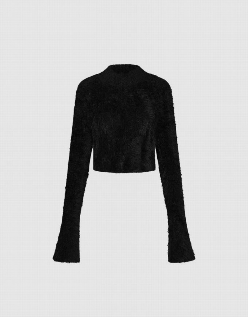 Black Urban Revivo Furry Turtle Neck Knitted Women's Cardigan | HGAKFS-250